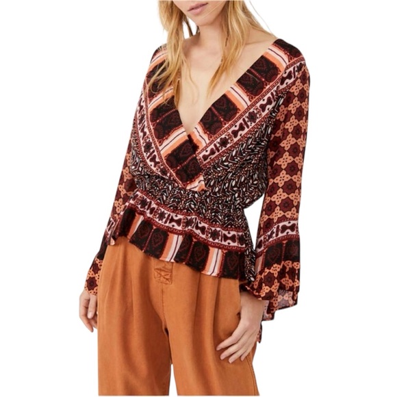 FREE PEOPLE Rosalie Printed Wrap Boho Blouse Top, Brown/Orange, Size Small - Picture 1 of 15